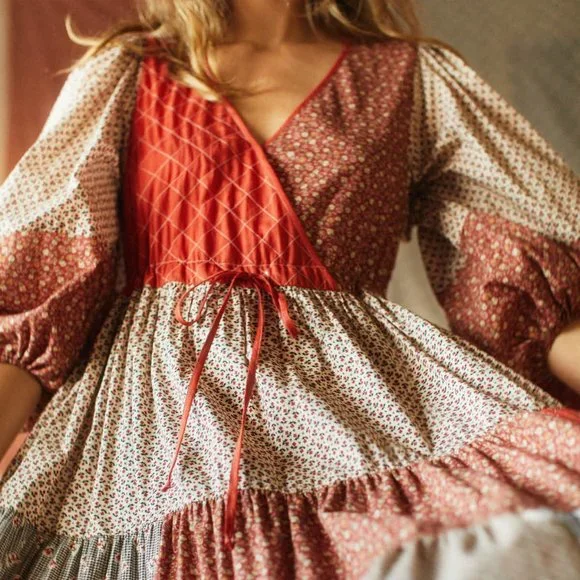 Like New! Christy Dawn Heirloom Patchwork Gina Dress in Colorblocked Rust (S) - Picture 9 of 10